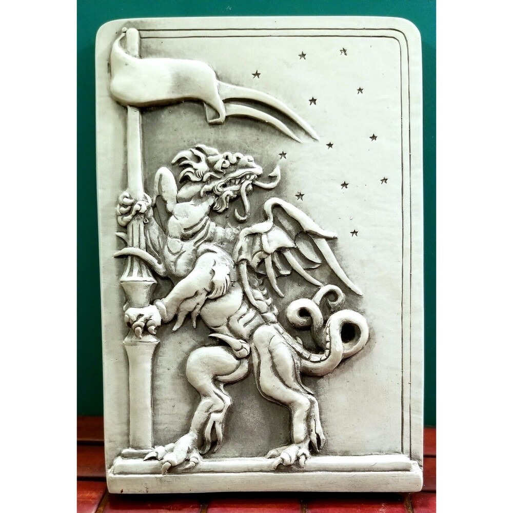 1980s Vintage Dragon Holding Flag Chalkware Plaque Joan Diamond 9"X6.25"